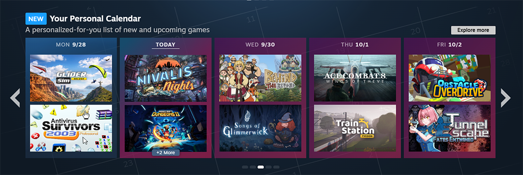 Steamストアのトップページに並ぶパーソナルカレンダーの公式画面例