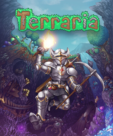 Vertical official Terraria art with caves and an equipped character