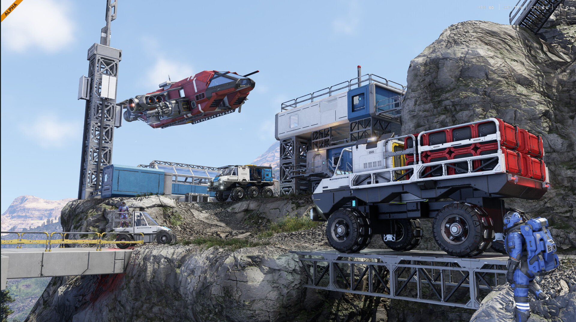 Space Engineers 2 山岳地帯の採掘拠点に船が着陸する様子