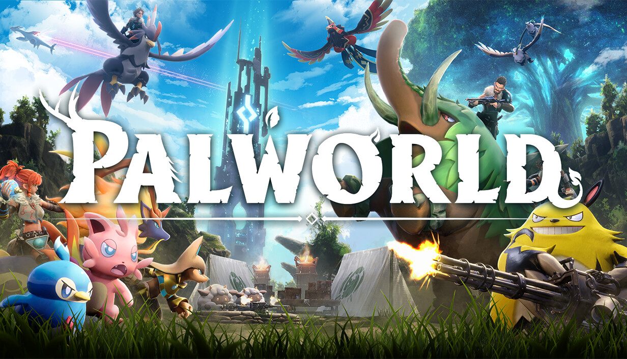 Official Palworld capsule art showing Pals to divide between exploration, combat and crude oil base work