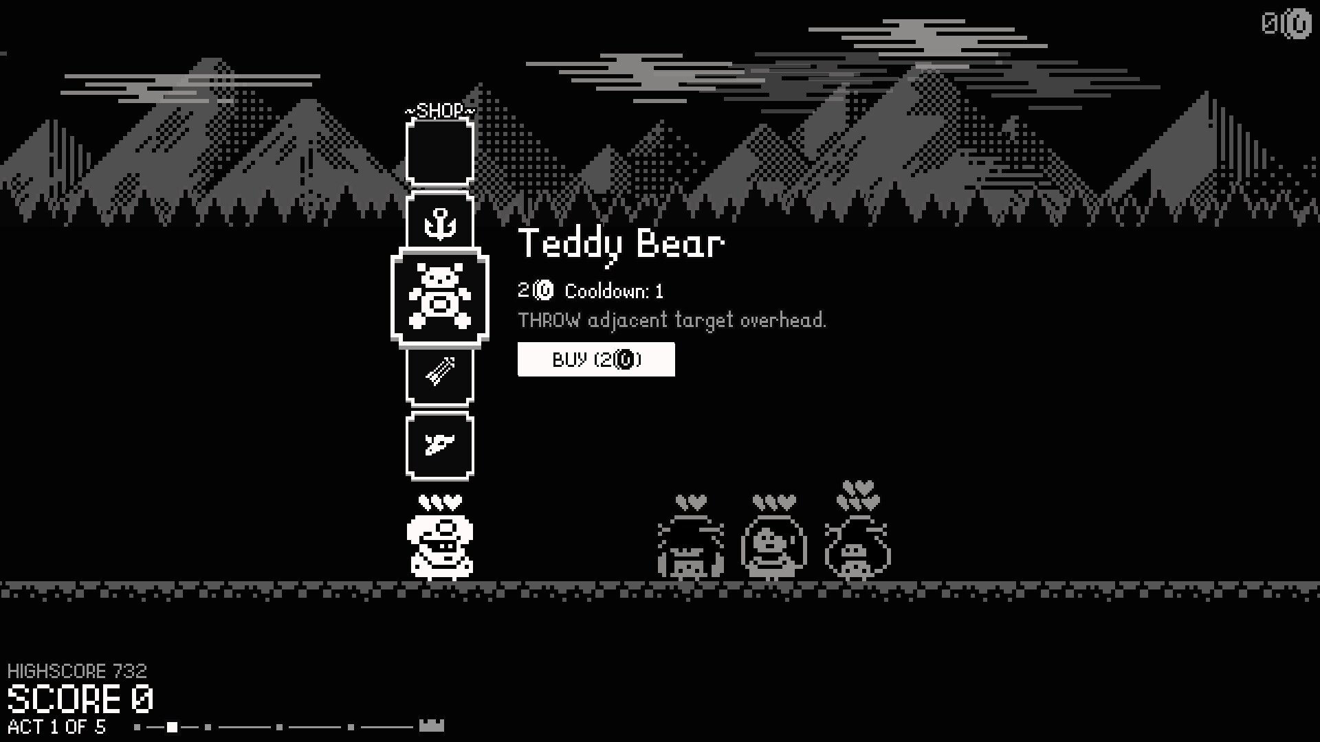 The image shows a black-and-white pixel art video game scene set against a backdrop of mountains and trees under a cloudy sky. On the left side, a vertical menu with four icons is displayed, with the second icon depicting a teddy bear highlighted. Next to this, text describes the teddy bear’s ability to 'THROW adjacent target overhead' with a cooldown of 1, and an option to buy it for 20 coins. At the bottom left, the player’s high score of 732 and a current score of 0 are shown, along with an indication that the game is in Act 1 of 5. On the ground, several small pixelated characters with heart icons above their heads stand in a row.