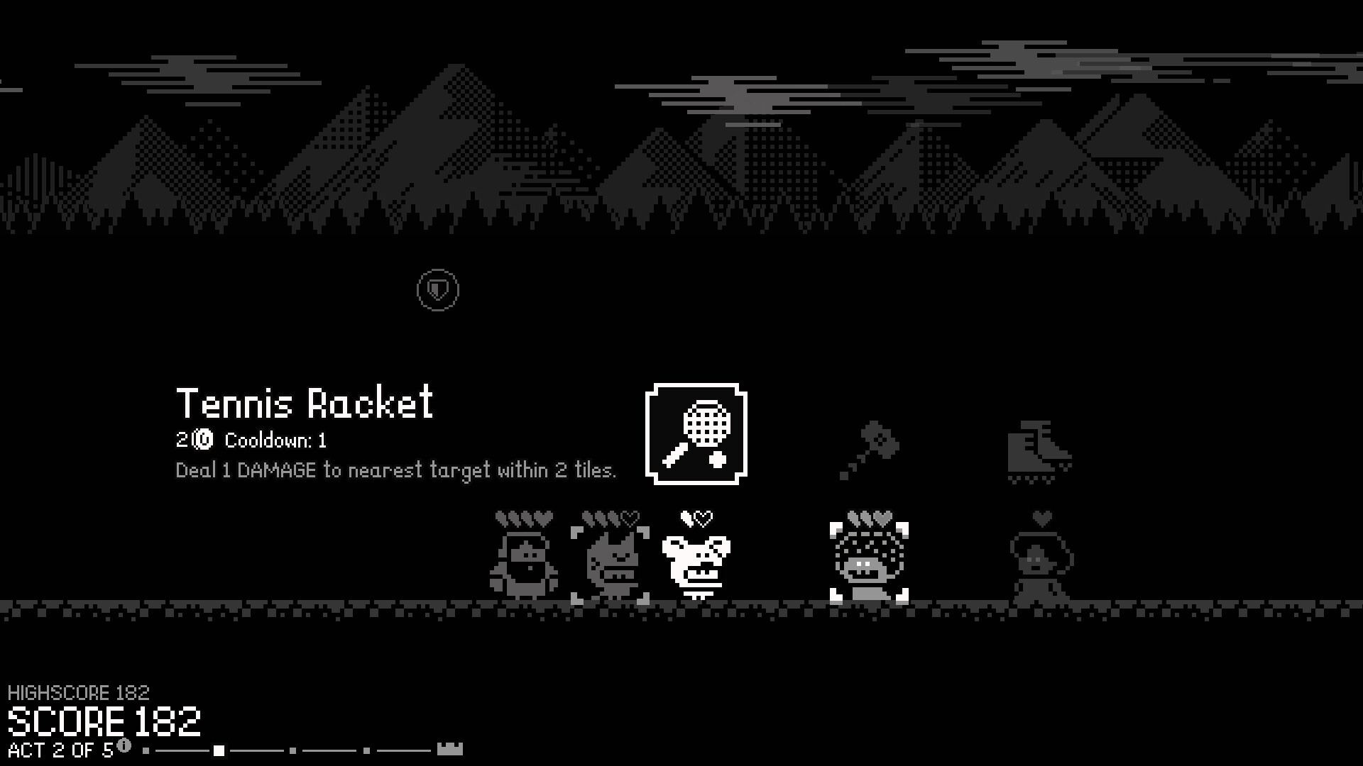 The image shows a pixel art game scene set against a dark mountainous background with silhouetted trees and stylized clouds in the sky. On the ground, five small characters with different designs and heart icons above their heads are lined up horizontally. A text box on the left side displays the name 'Tennis Racket,' with the description 'Deal 1 DAMAGE to nearest target within 2 tiles,' indicating a game ability on cooldown. The bottom left corner shows the current score of 182, alongside a high score and act progress bar.