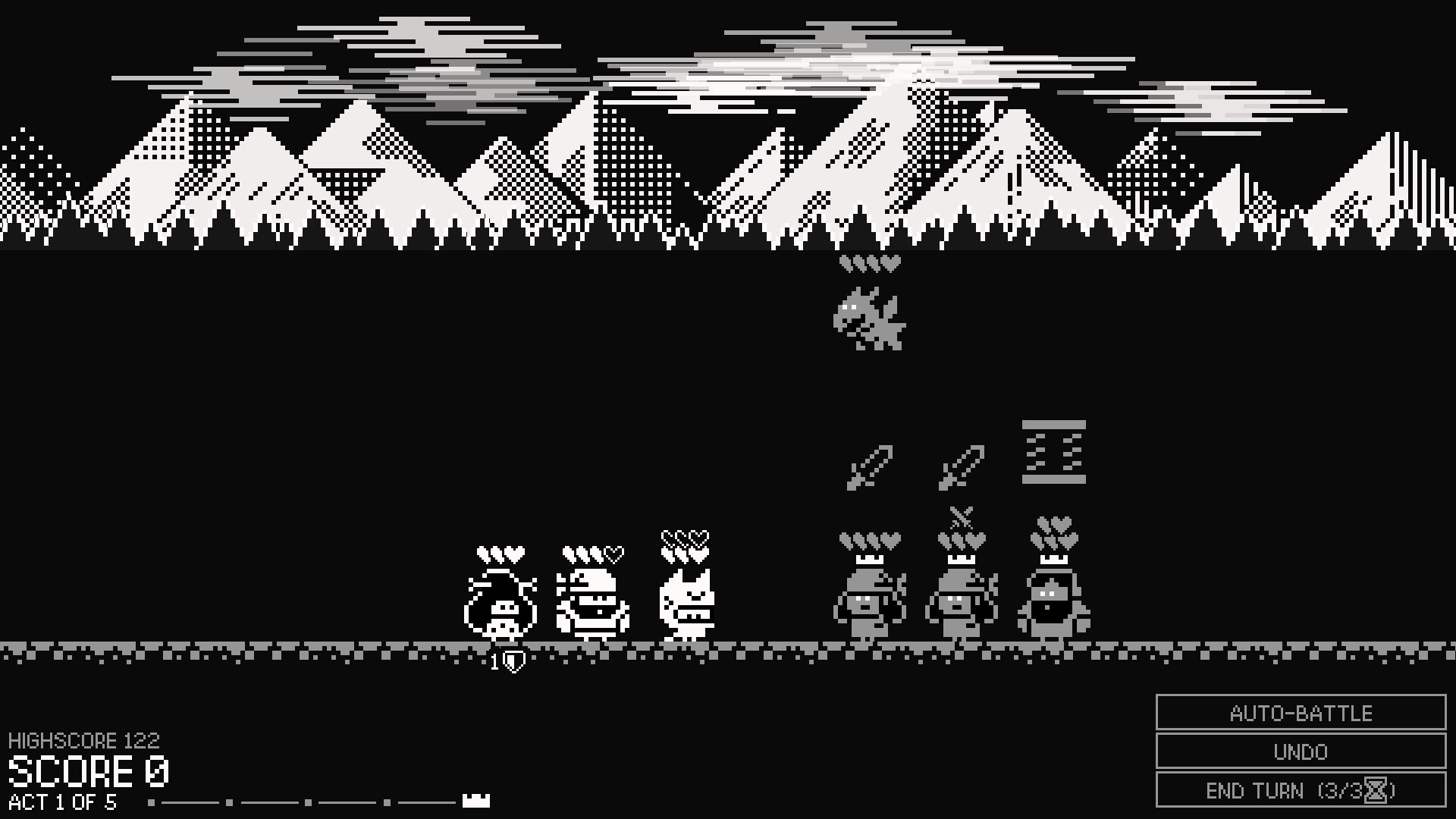 The image shows a pixelated, black-and-white video game scene with a mountainous background and pine trees at the base of the peaks. In the foreground, two groups of small, stylized characters face each other across a flat battleground. The left side has three characters with hearts above their heads indicating health, and the right side has three similar characters with swords and hearts displayed above them, suggesting combat readiness. On the screen’s lower left, a score and high score are visible, while the lower right corner contains buttons labeled “AUTO-BATTLE,” “UNDO,” and “END TURN (3/3),” indicating a turn-based battle interface.