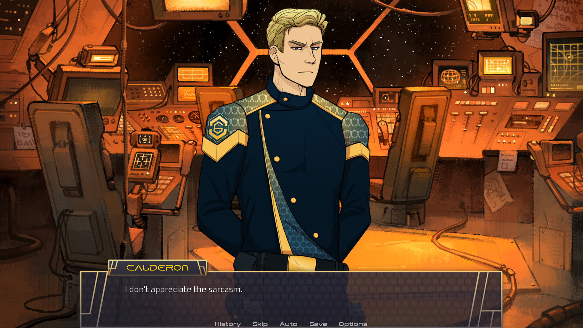 The image depicts a blond man named Calderon standing in a futuristic spaceship control room filled with various monitors, control panels, and chairs, all bathed in a warm orange light. Calderon wears a dark navy-blue uniform with gold accents and a hexagonal pattern on the shoulders, looking serious and slightly displeased as he states, 'I don't appreciate the sarcasm.' Through the large, polygonal windows behind him, the blackness of space dotted with stars is visible.