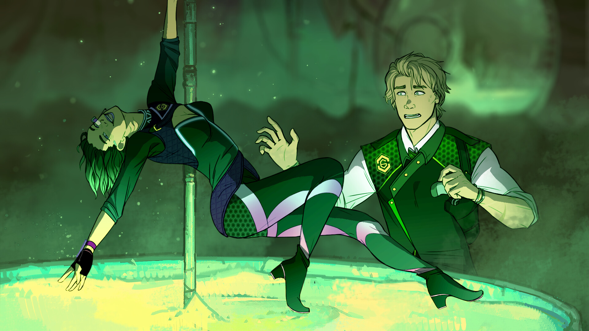 The image depicts a dramatic scene between two characters in a dimly lit, green-hued environment that suggests a futuristic or sci-fi setting. On the left, a person with short, green hair and a dark, form-fitting outfit is gracefully suspended mid-air, their back arched around a vertical pole with one arm reaching down as if in motion or mid-dance. Their expression appears relaxed or entranced. To the right, another individual with light hair, dressed in a similarly styled green and white outfit with hexagonal patterns, looks on with a worried or startled expression, one hand raised as if to catch or support the airborne person. The ground beneath them glows with a swirling pattern of yellow and green light, enhancing the scene’s otherworldly atmosphere.
