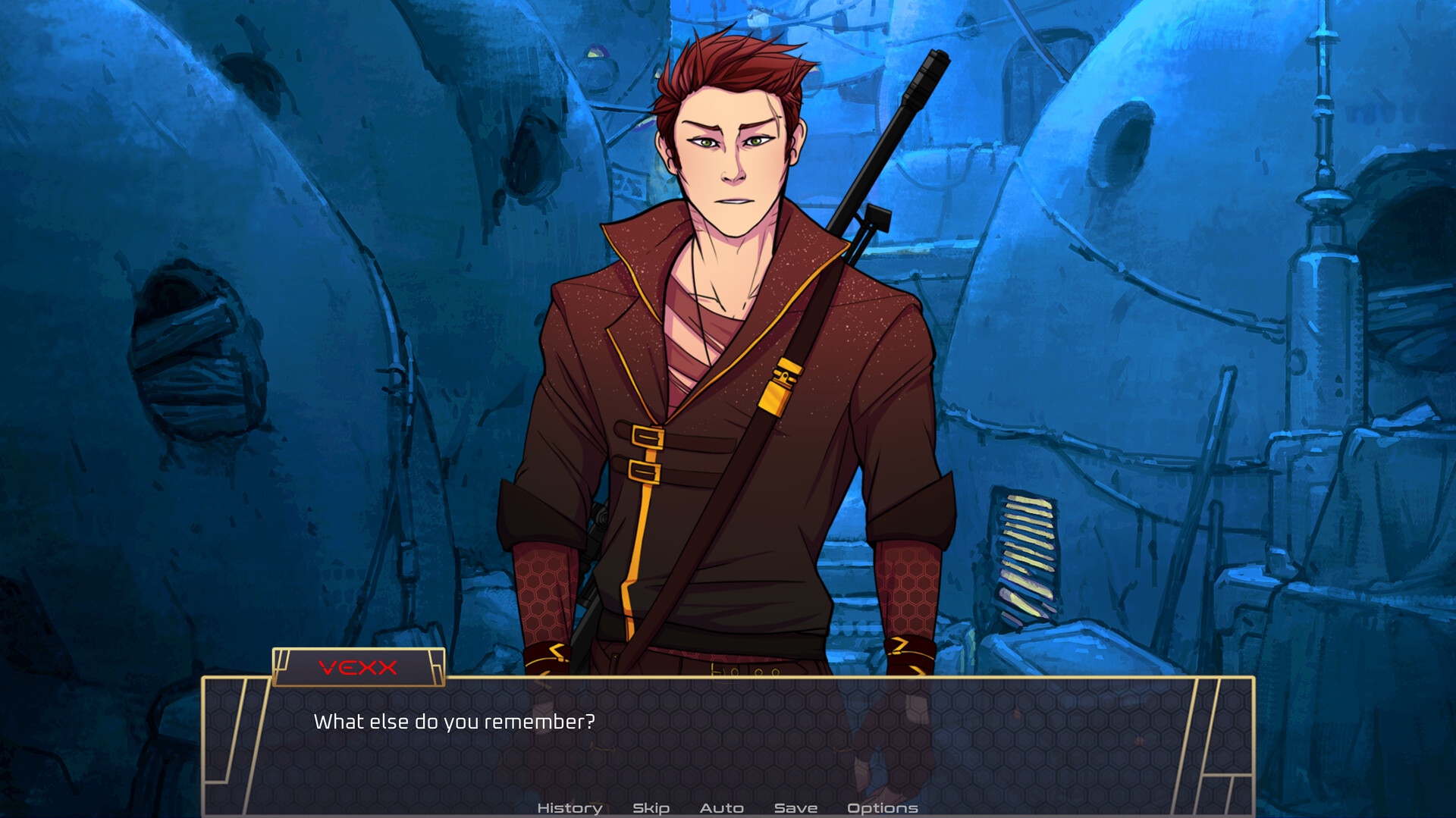 The image depicts a young man with short, spiky red hair and green eyes standing against a backdrop of large, rounded industrial structures with a blueish hue. He wears a dark maroon jacket with rolled-up sleeves, marked by yellow trim and two front buckles, and has a long strap across his chest holding a sheathed sword on his back. His expression is serious and slightly inquisitive, and text at the bottom of the image shows him asking, 'What else do you remember?' indicating a moment of dialogue in a visual novel or game setting.