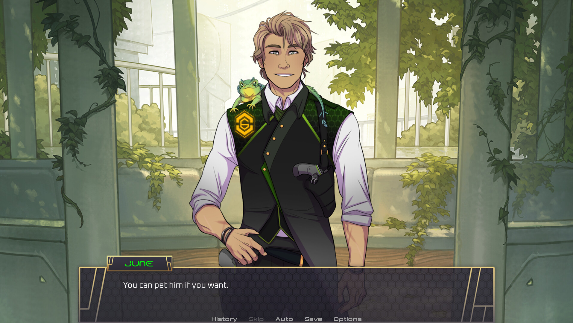 The image shows a young man with light brown hair styled in a slightly tousled manner, smiling warmly. He is wearing a black vest with green accents over a white shirt with rolled-up sleeves, and a small green frog-like creature is perched on his right shoulder. The background features tall pillars entwined with green vines and leafy plants, suggesting an indoor garden or conservatory setting. Text at the bottom displays the name 'June' and the phrase, 'You can pet him if you want.'
