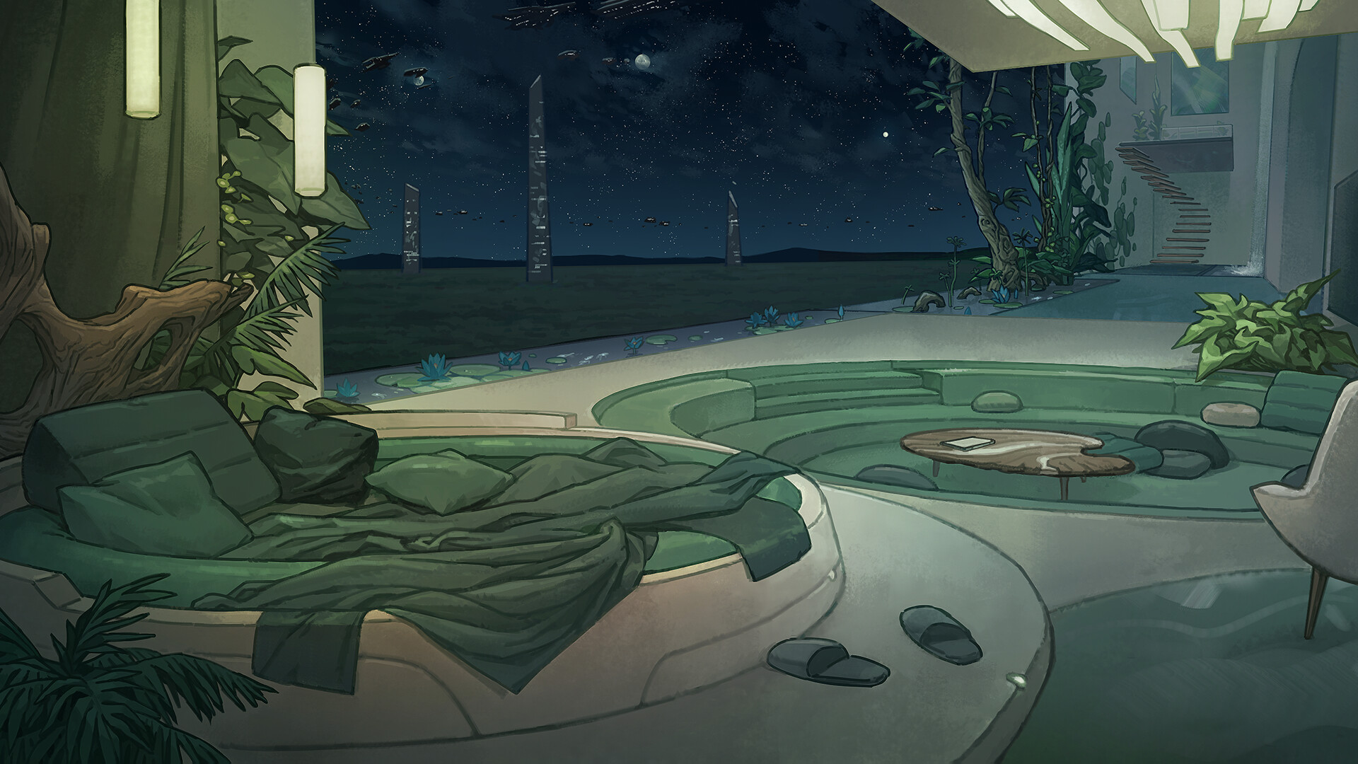 The image depicts a modern, open-concept living space at night with a view of a starry sky and distant monolithic structures on the horizon. Inside, there is a large, round bed with green bedding and a sunken seating area featuring curved green cushions and a uniquely shaped wooden coffee table with an open book on it. The space is adorned with various plants and softly glowing pendant lights, creating a cozy yet futuristic atmosphere, while a spiral staircase is visible in the background.