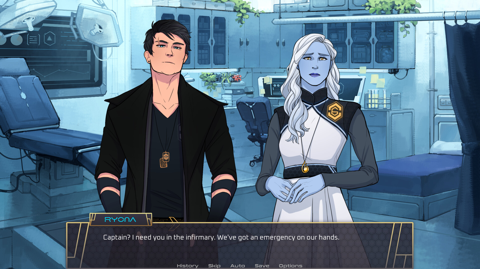 The image depicts two characters standing in a futuristic medical room or infirmary. On the left is a man with short black hair, wearing a black outfit with arm bands and a pendant around his neck, looking serious and attentive. Next to him is a woman with light blue skin and long white hair, dressed in a white and black uniform with a golden emblem on her chest, appearing concerned as she speaks. The background shows medical equipment, monitors, and examination beds, emphasizing the clinical setting. At the bottom, text displays the woman addressing the man, saying, 'Captain? I need you in the infirmary. We've got an emergency on our hands.'