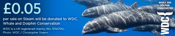 Image of dolphins and the WDC logo, with the text: 0.05GBP per sale on Steam is donated to WDC, Whale and Dolphin Conservation. WDC is a UK registered charity no. 1014705.