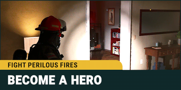 Firefighting Simulator Ignite: Giao diện game "Fight Perilous Fires, Become A Hero", lính cứu hỏa bước vào căn nhà.