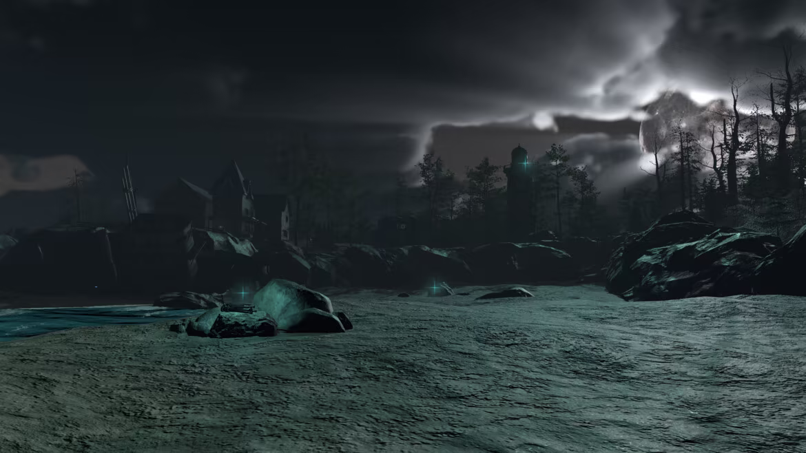 Moonlit shoreline facing the abandoned island estate and lighthouse.