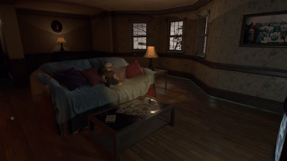 A haunted doll seated on a couch inside the estate.