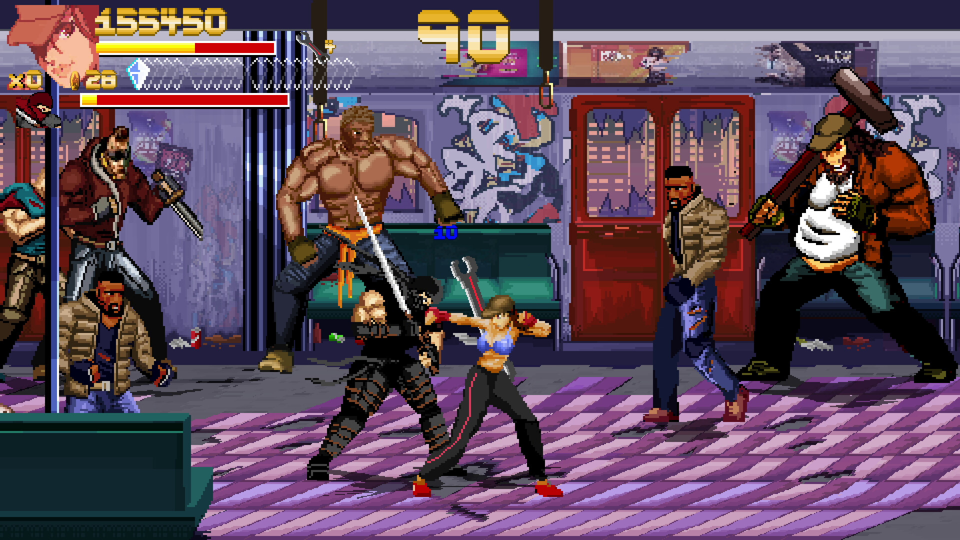The image shows a pixelated, side-scrolling beat 'em up video game scene set inside a rundown subway car covered in graffiti with scattered trash on the floor. Two characters are in combat at the center: a muscular shirtless man with orange pants and green gloves facing a woman in a blue crop top and black pants holding a large wrench. Surrounding them are several other imposing characters, including a man wielding a large baseball bat, a ninja-like figure, and others dressed in rugged, street-style clothing. The top of the screen displays a score, health bars, and a timer counting down from 90 seconds.