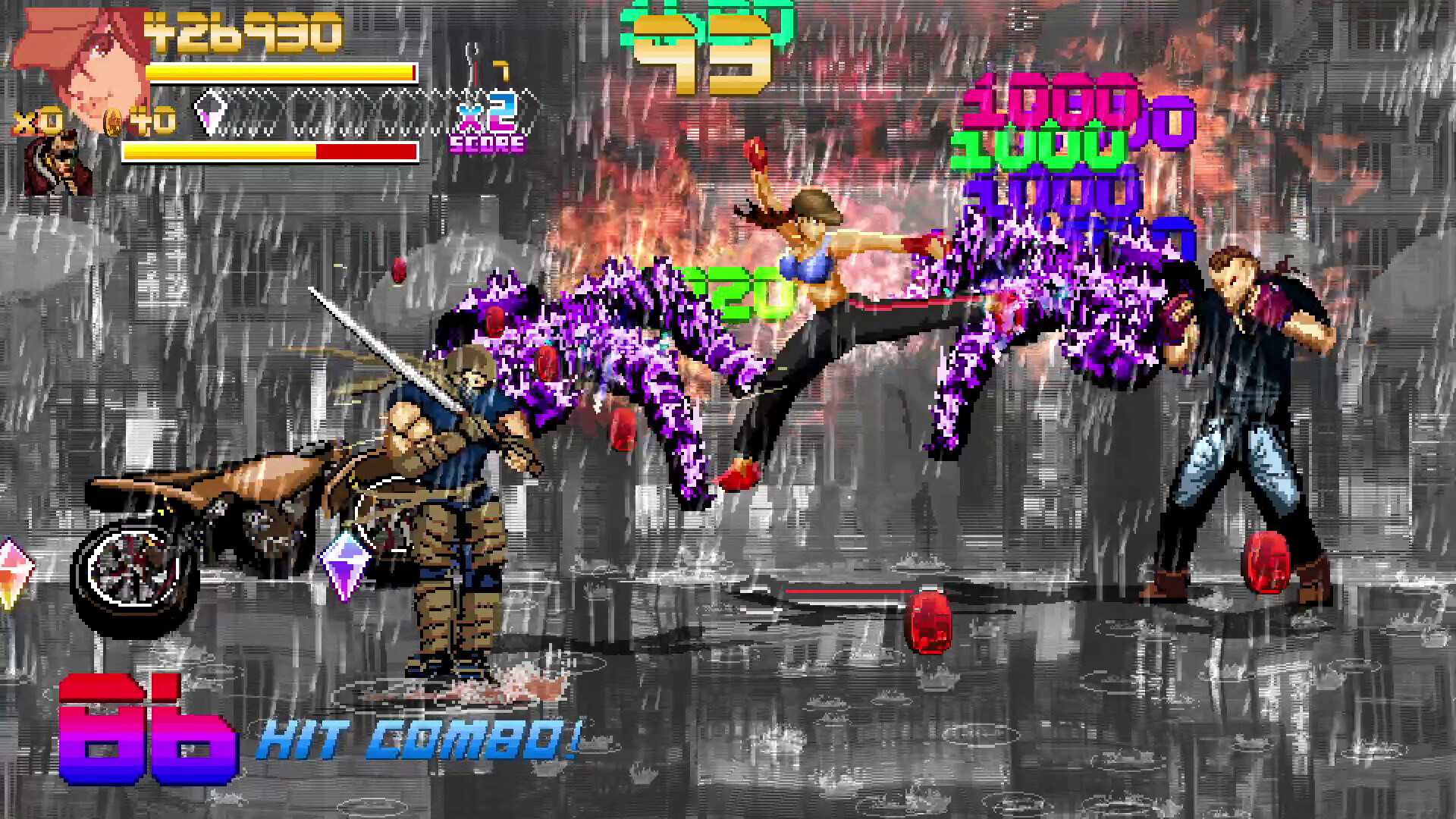 The image depicts a pixelated, side-scrolling video game scene set in a rainy urban environment with a wet reflective ground. A female character wearing a blue crop top, black pants, and red shoes is mid-air, performing a high kick that hits two purple, monstrous enemies, causing bright purple impact effects with red blood-like splatters. Another character in brown combat gear wields a long sword near a motorcycle on the left, while a man in dark clothing stands ready on the right. The screen displays game HUD elements including a score of 426,930, a 66-hit combo message in large colorful text, and various status bars and icons at the top.