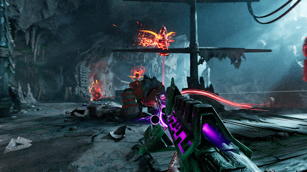 Gameplay game Abyssus, góc nhìn thứ nhất, người chơi cầm một khẩu súng máy với màu sắc tương lai, đang chiến đấu với các sinh vật ngoài hành tinh trong một hang động đầy nham thạch và ánh sáng neon.
