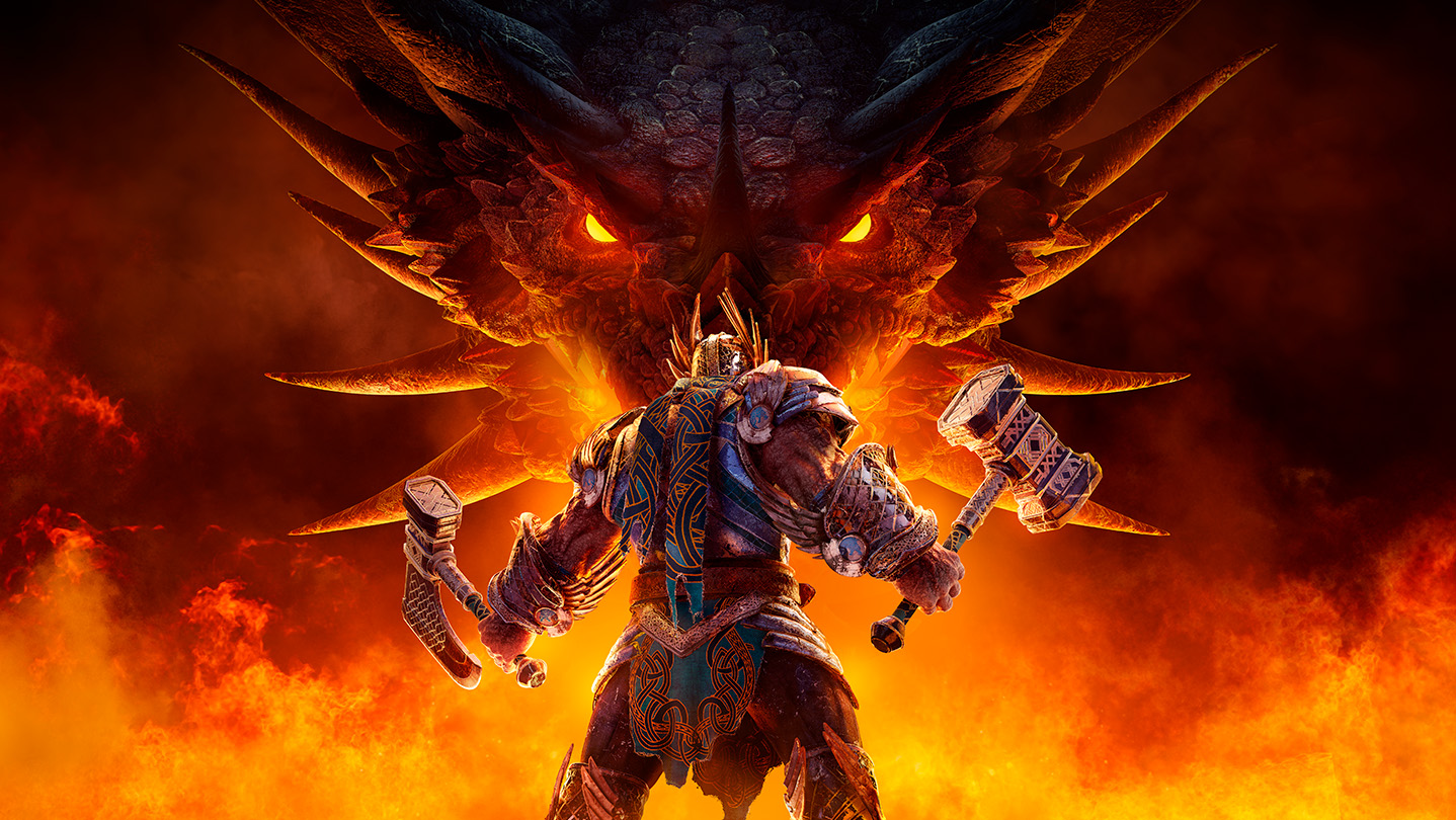 Arte principal de Dragonkin: The Banished con dragón y guerrero
