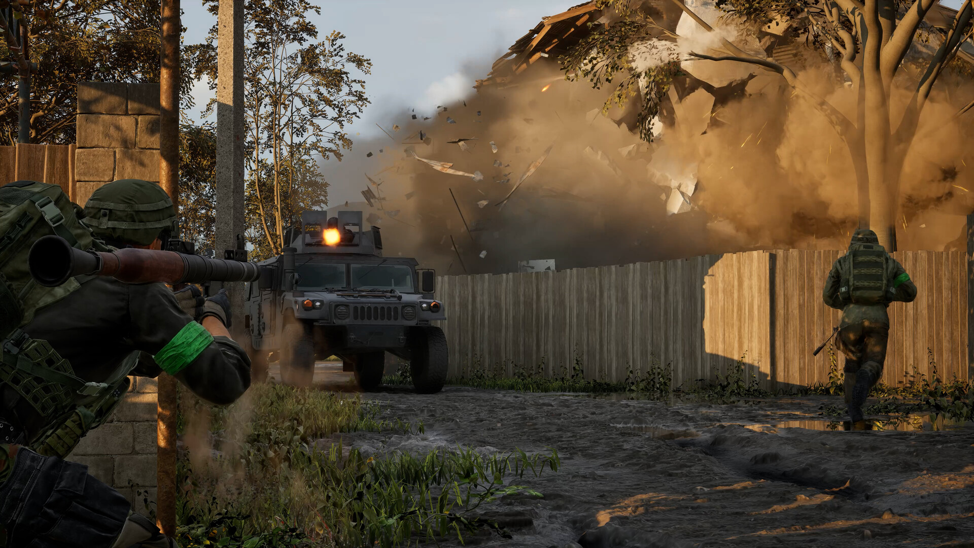 Soldados enfrentam um veículo enquanto um prédio é destruído em WARDOGS
