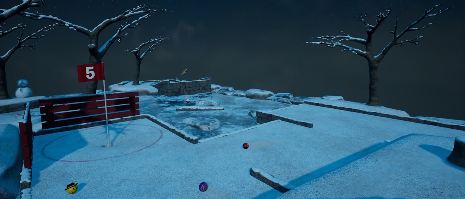 Winter-themed minigolf course with customized golf balls in multiplayer.