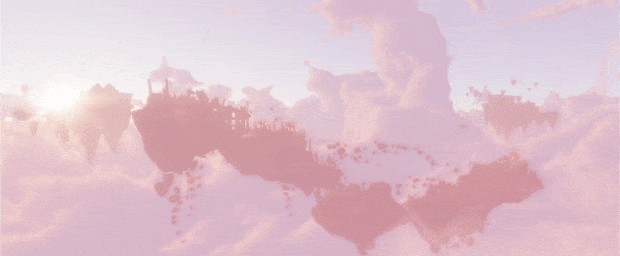 Lost Skies: Bối cảnh thế giới trên mây, các hòn đảo lơ lửng, mặt trời mọc, phong cảnh hữu tình.