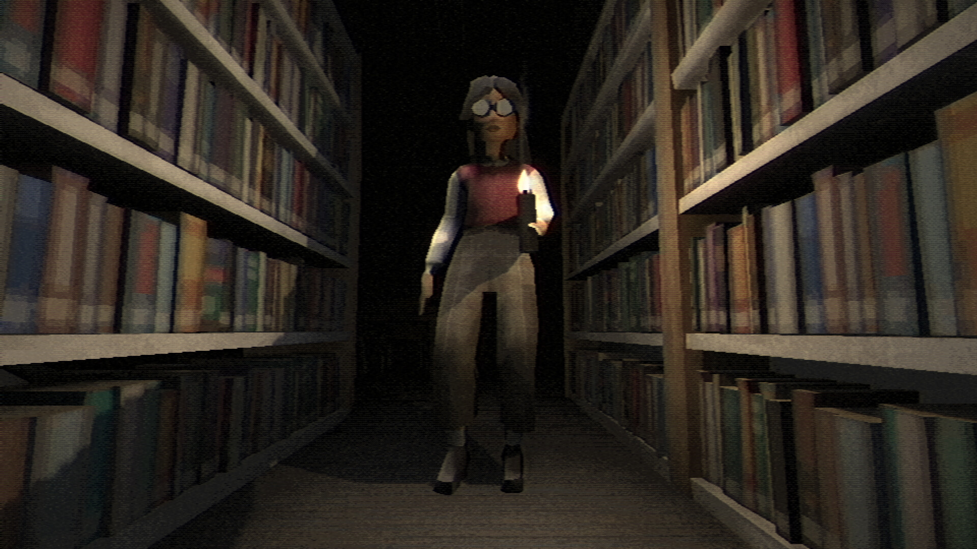 Vivian walking past bookshelves in the library. Visibility is very low, with light only coming from the candle in her hand alt text