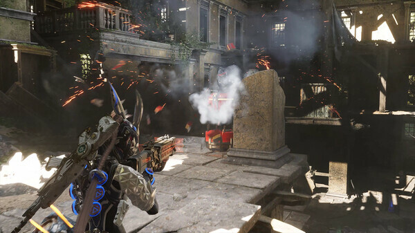 Official The First Descendant screenshot showing a player aiming at an explosive crate inside interior ruins