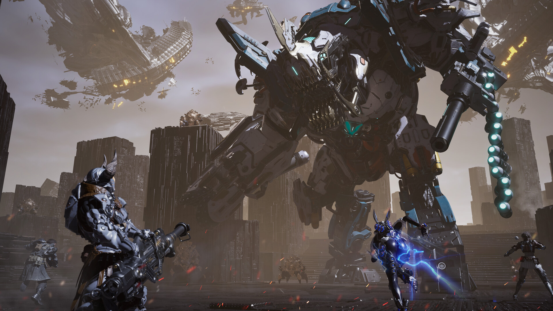 Official The First Descendant screenshot showing several players facing a giant mechanical boss in a ruined city arena