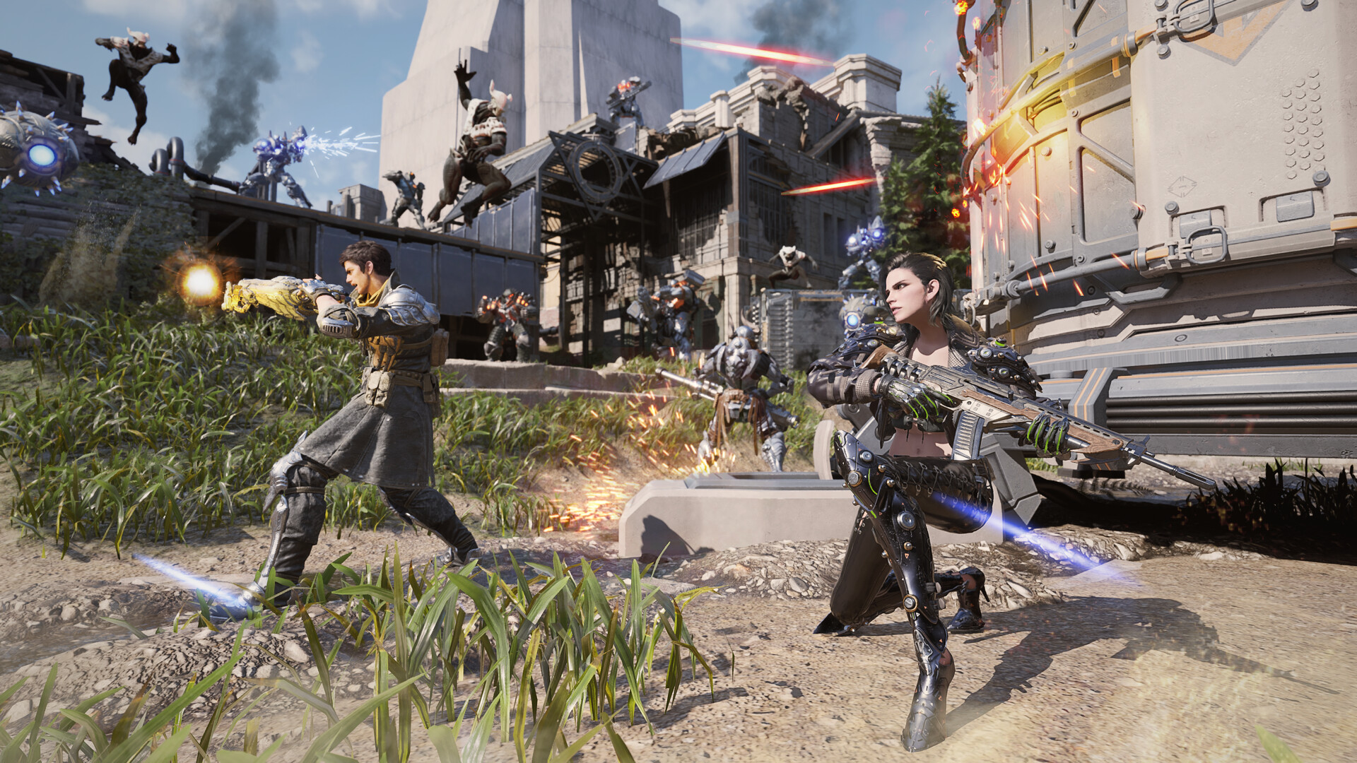 Official The First Descendant screenshot with two Descendants under fire in open ruins against several enemies