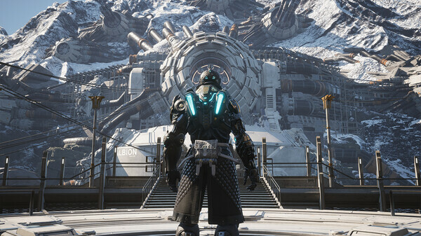 Official The First Descendant screenshot showing a Descendant standing in front of the Albion entrance in a snowy mountain zone