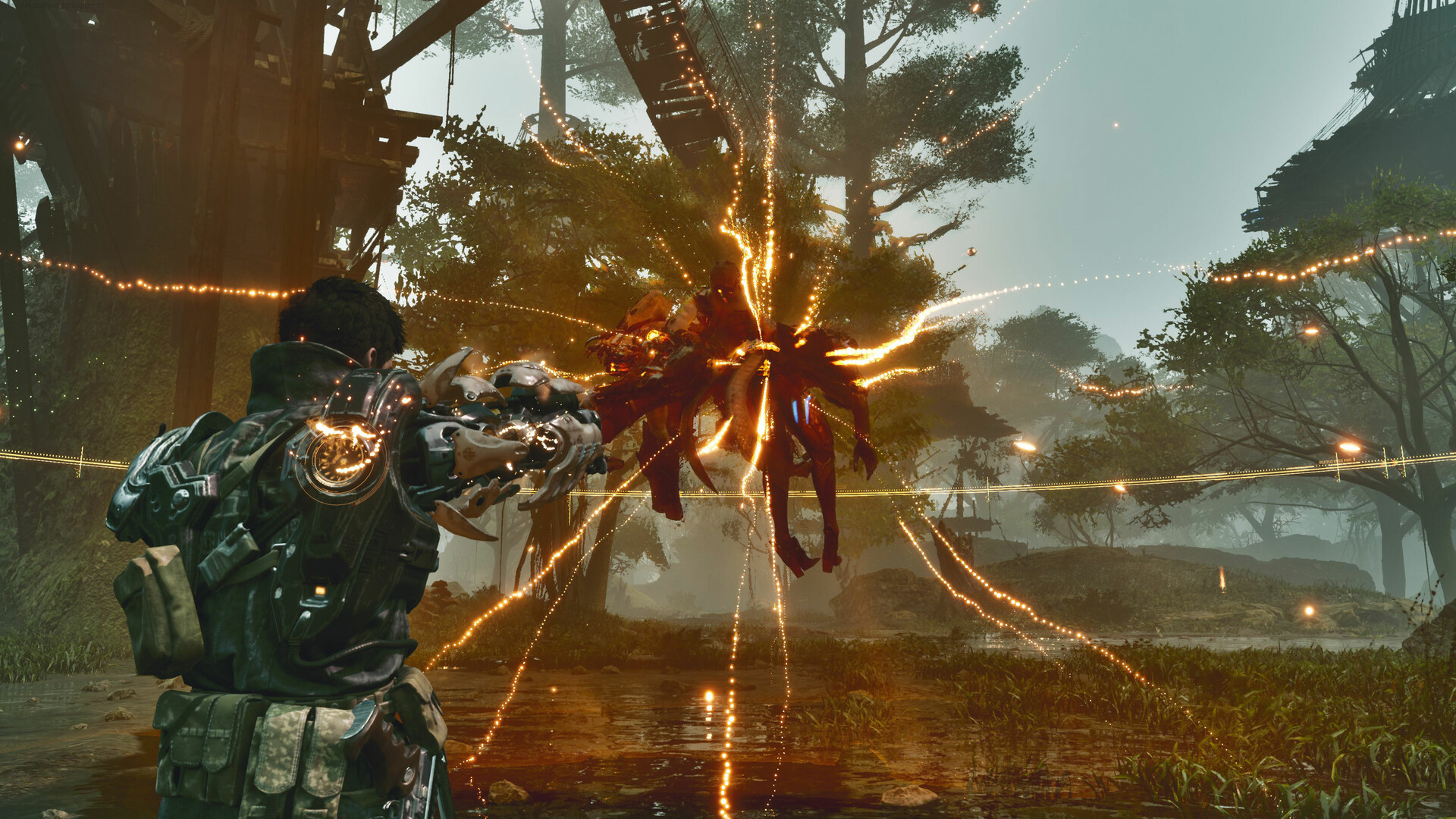 Official The First Descendant screenshot in a swamp zone with a glowing enemy caught in gunfire effects