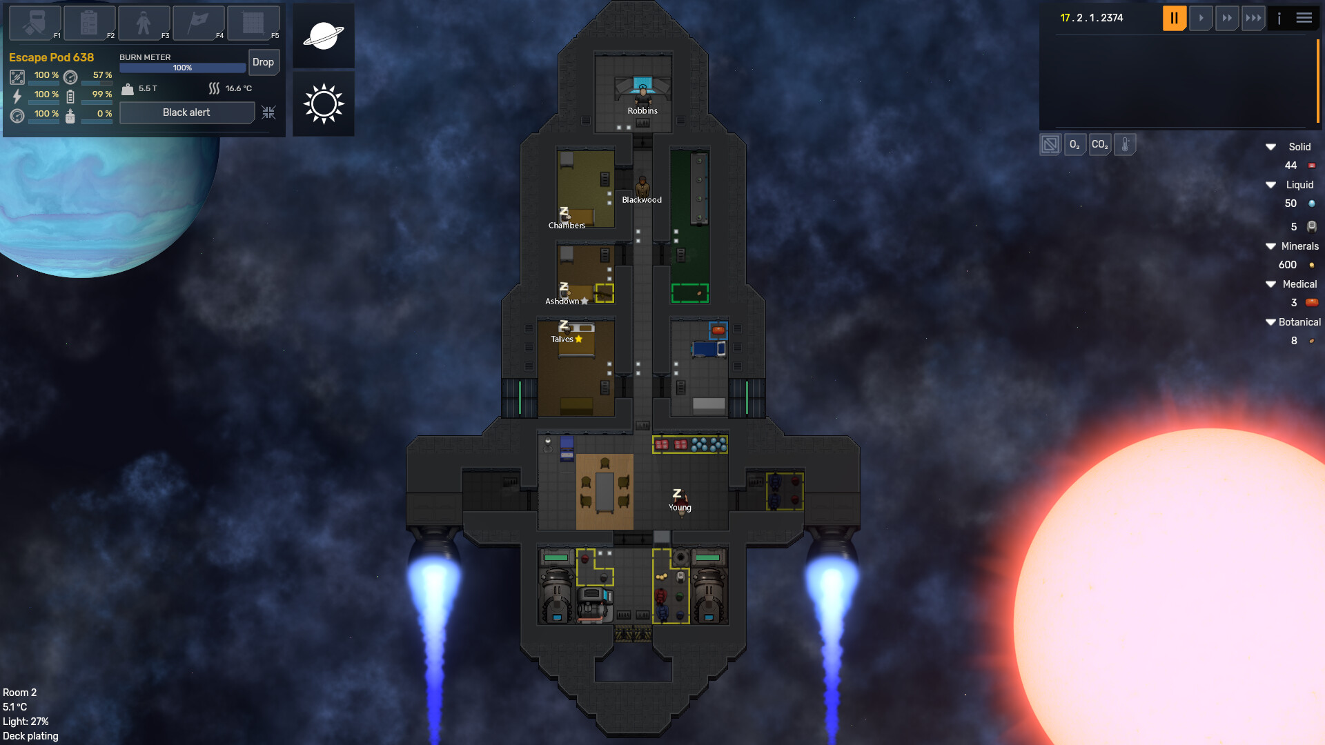 A spaceship in the center of the screen with a bright red star to the bottom right and a gas giant planet to the top left.