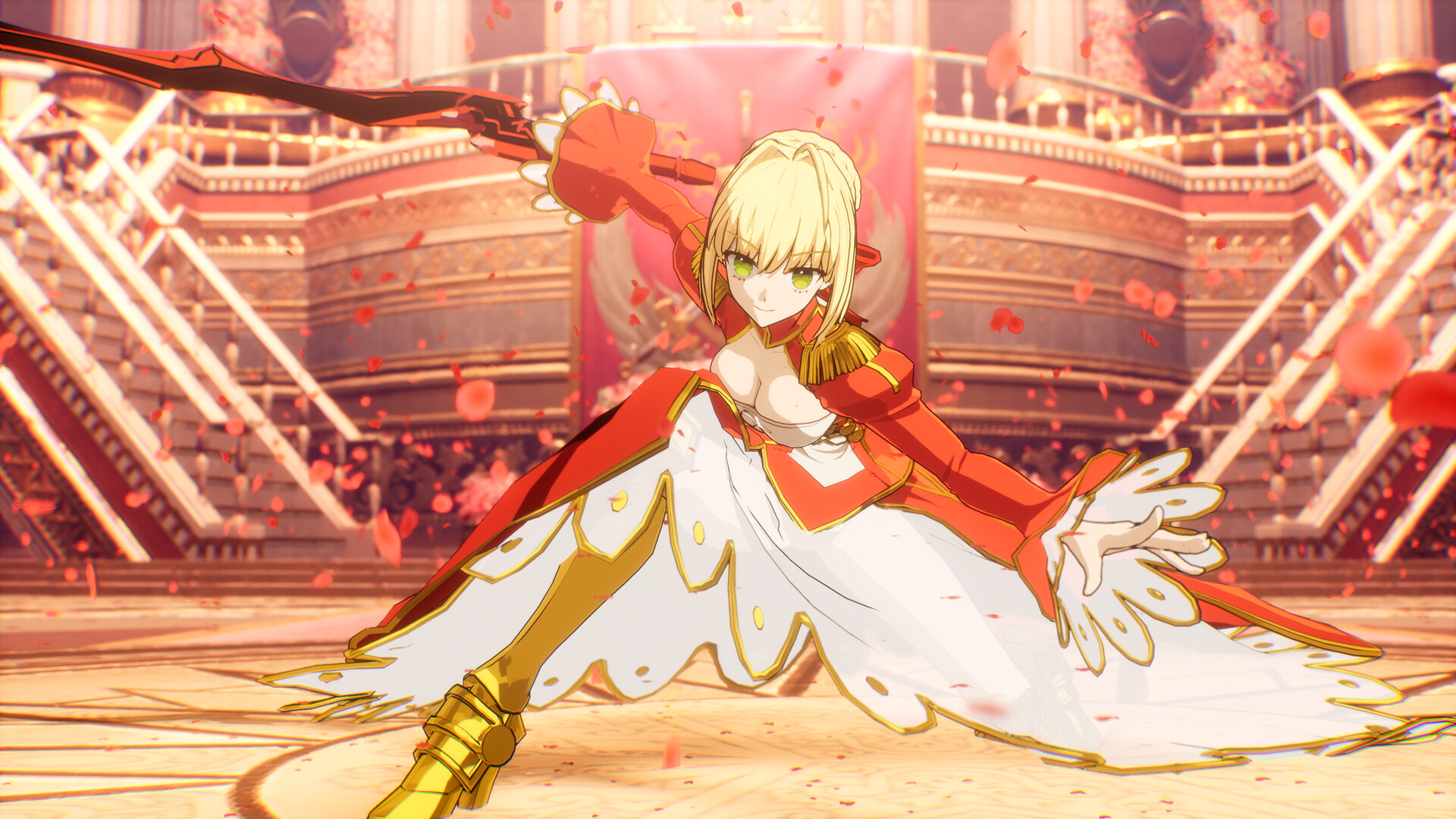 『Fate/EXTRA Record』SABERの戦闘シーン。赤と白の衣装のサーヴァントが大剣を構え、周囲に薔薇の花びらが舞っている