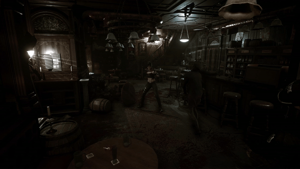 Nhân vật chiến đấu với kẻ địch trong quán bar/pub tối cổ điển của Echoes of the Living