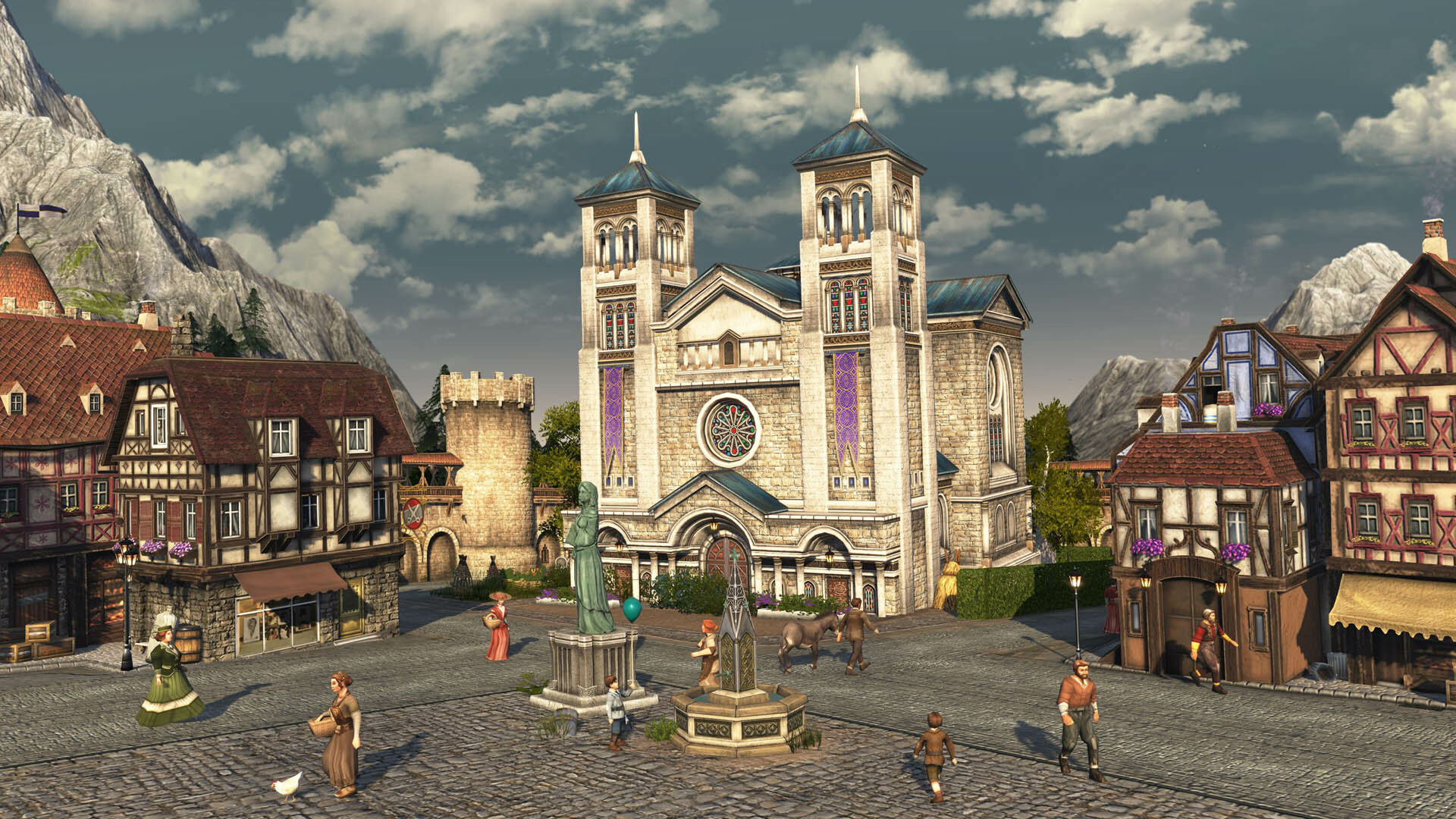 Anno 1800 town center with public buildings and compact residential districts