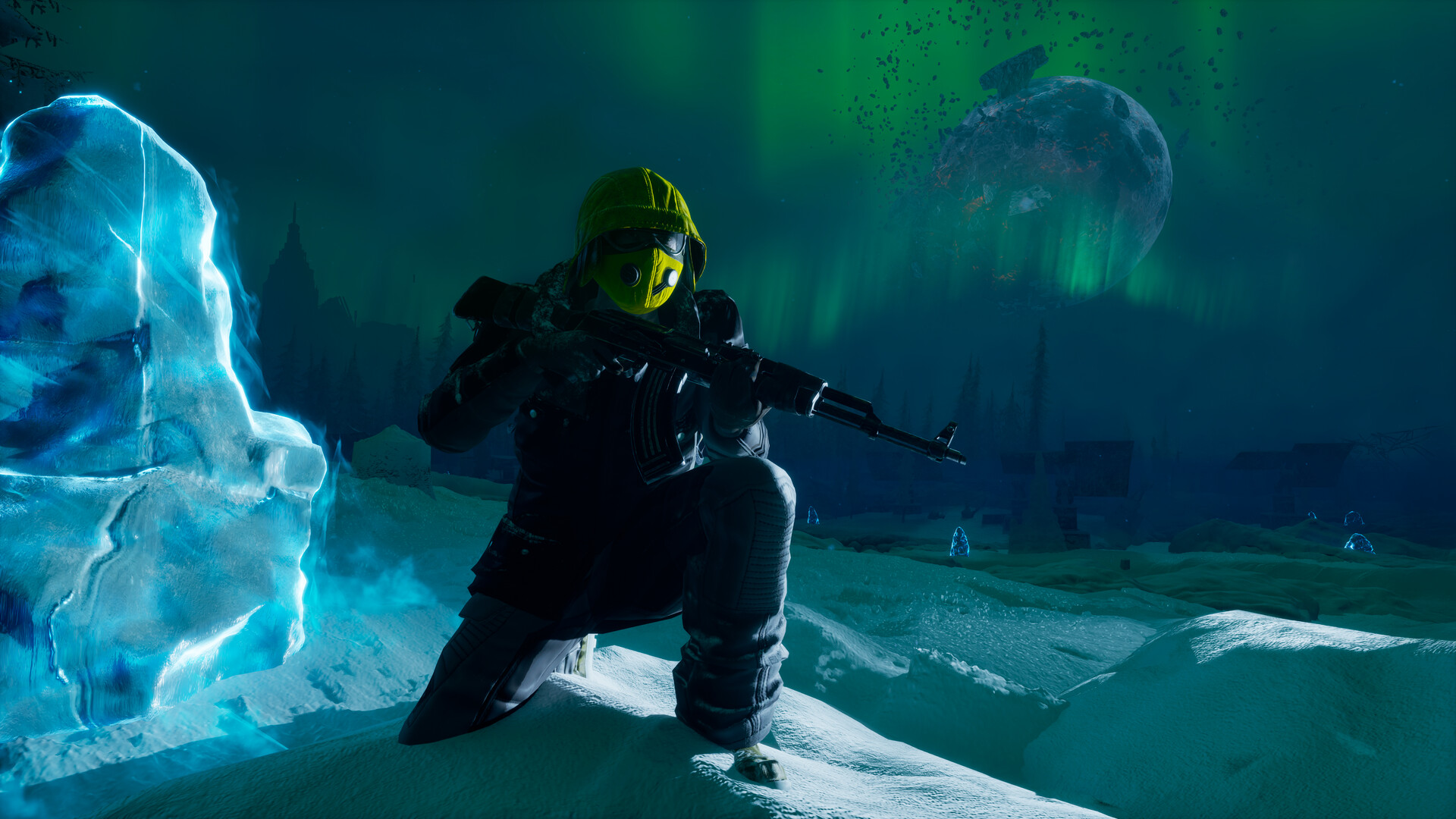 Player character with rifle kneeling in a snowy landscape with aurora borealis visible in sky