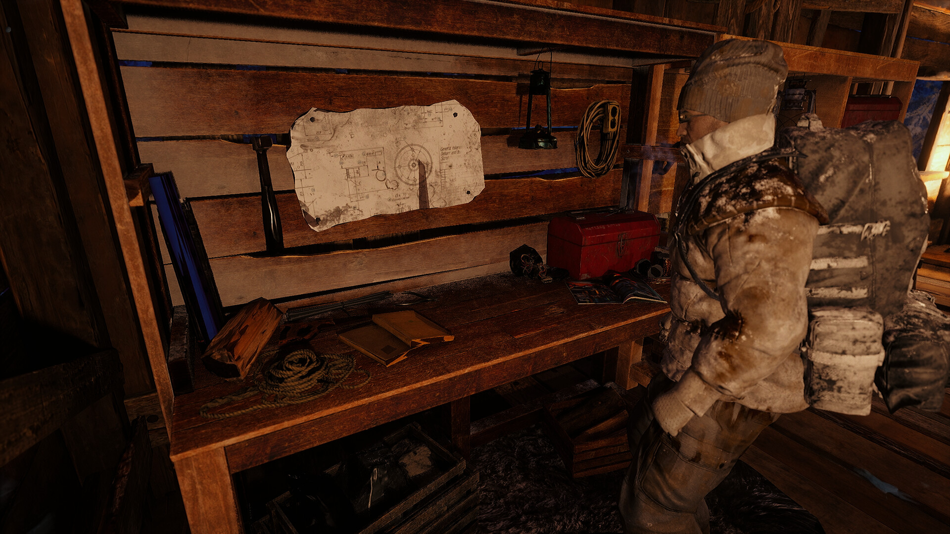 Player character in front of crafting workstation