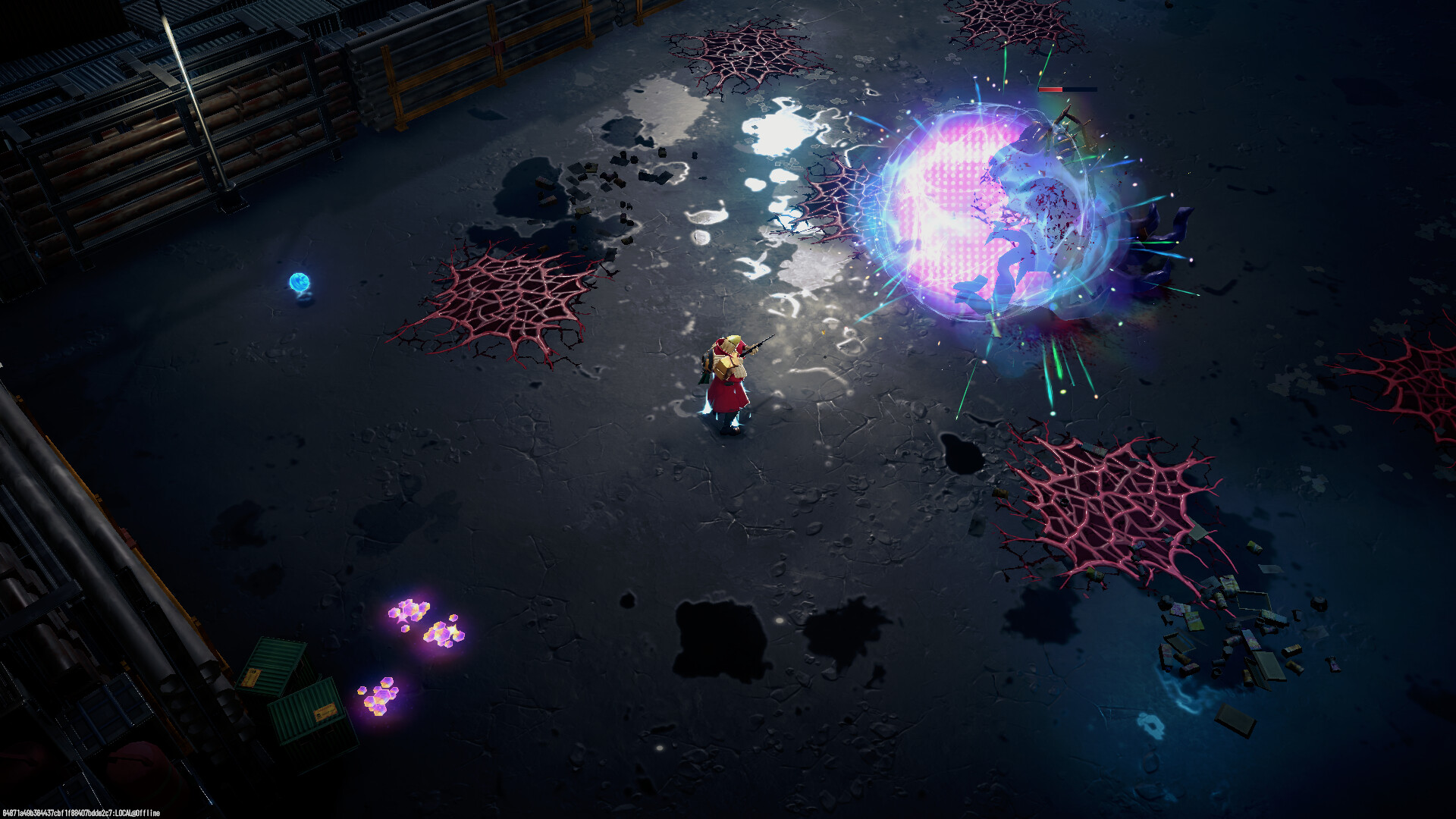 RIFTSTORMでWeaverが敵と戦う見下ろし視点のゲーム画面
