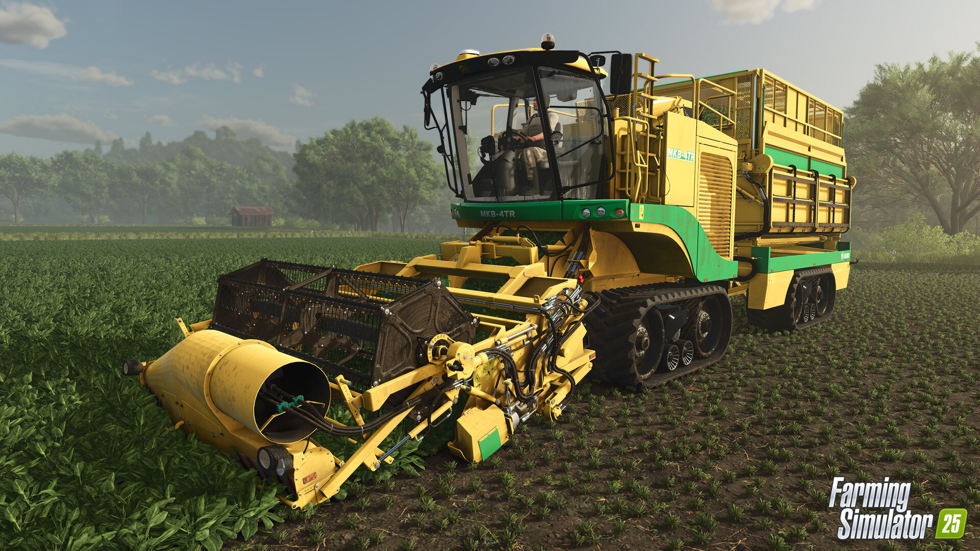 Ciclo de día y noche en Farming Simulator 25, mostrando un cielo estrellado y las luces de un tractor iluminando el campo.