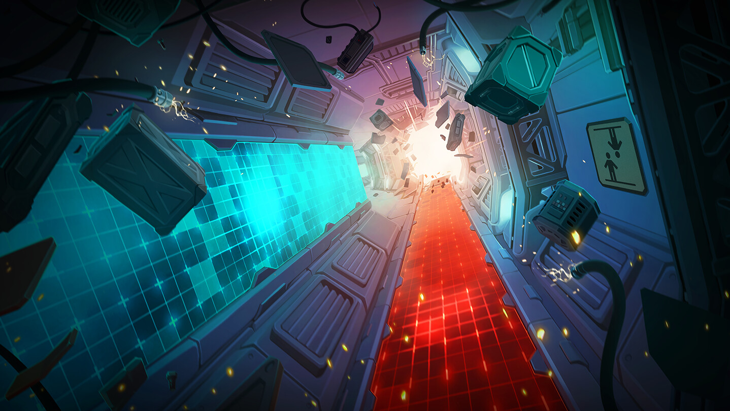 Official We Were Here Tomorrow artwork of a collapsing sci-fi corridor split by a blue grid floor on the left and a red grid floor on the right