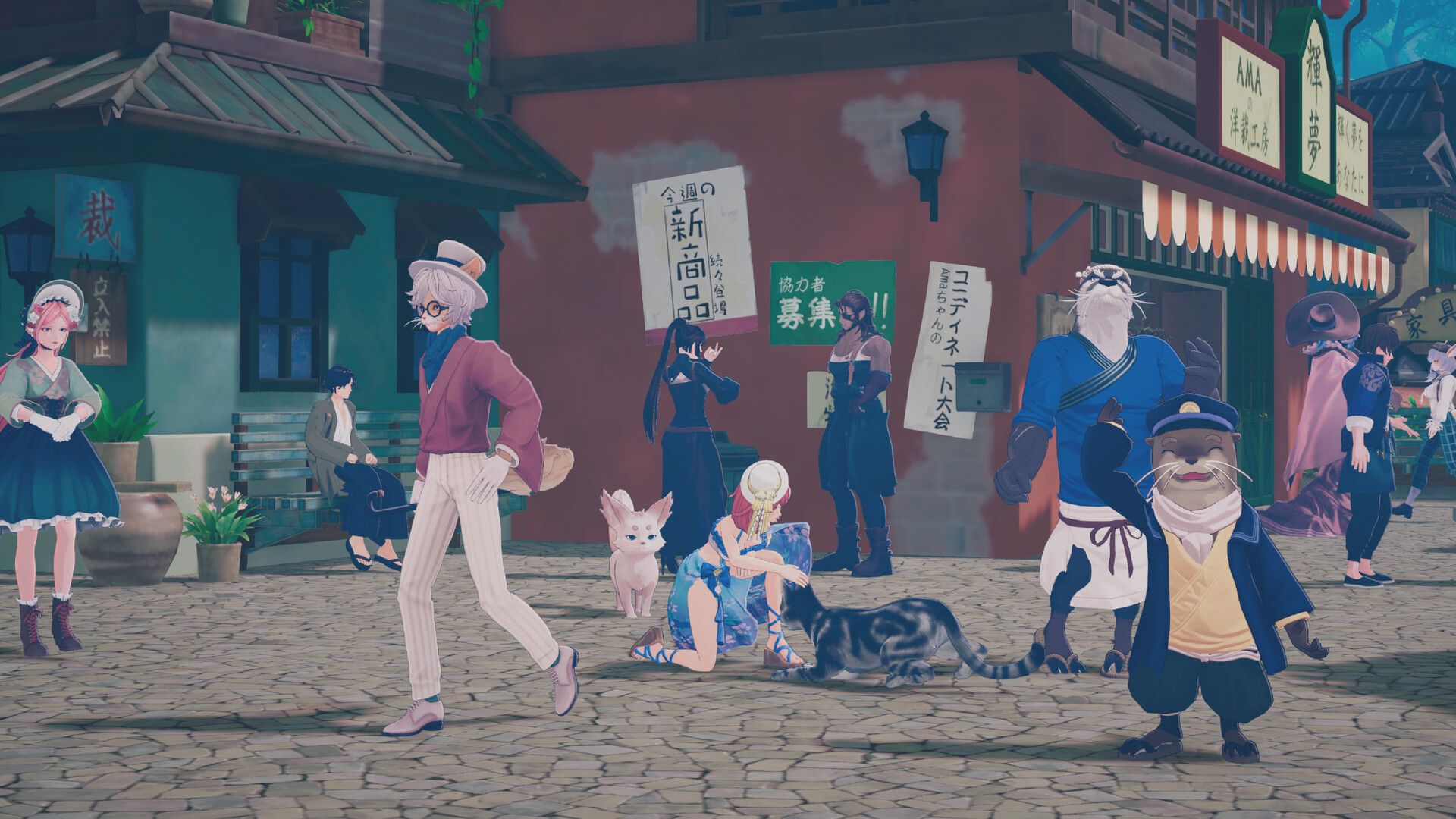 Tales of Seikyu — the town square on Seikyu busy with villagers and yokai shopkeepers, from cat and otter merchants to the wider cast