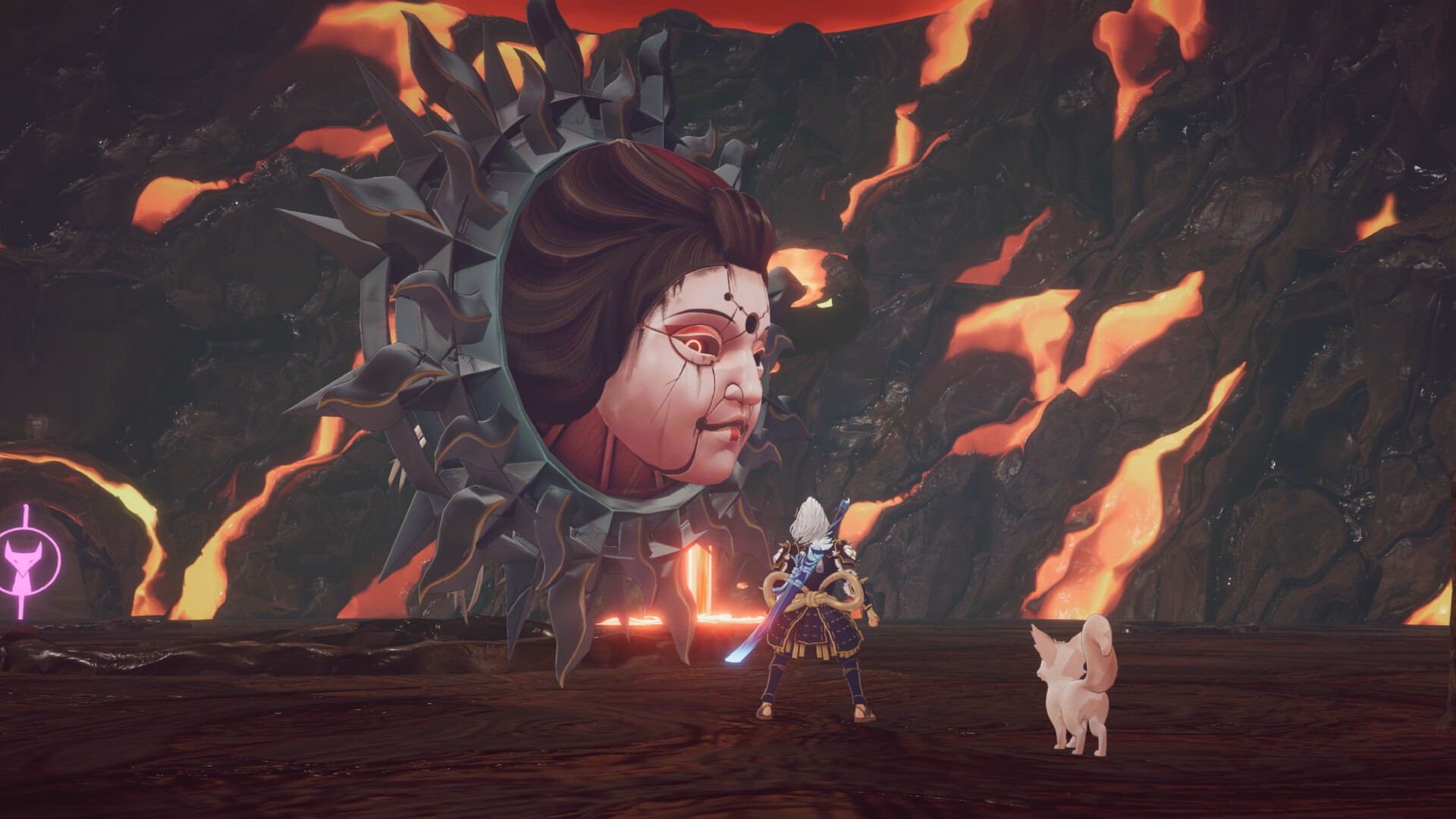 Tales of Seikyu boss fight — a sword-wielding hero and fox companion face a giant masked boss in a lava cavern in the Fox Ruins