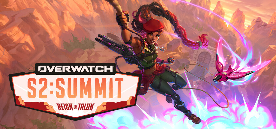 Overwatch 2 banner with a moving hero used to compare cyan, green and magenta crosshair visibility