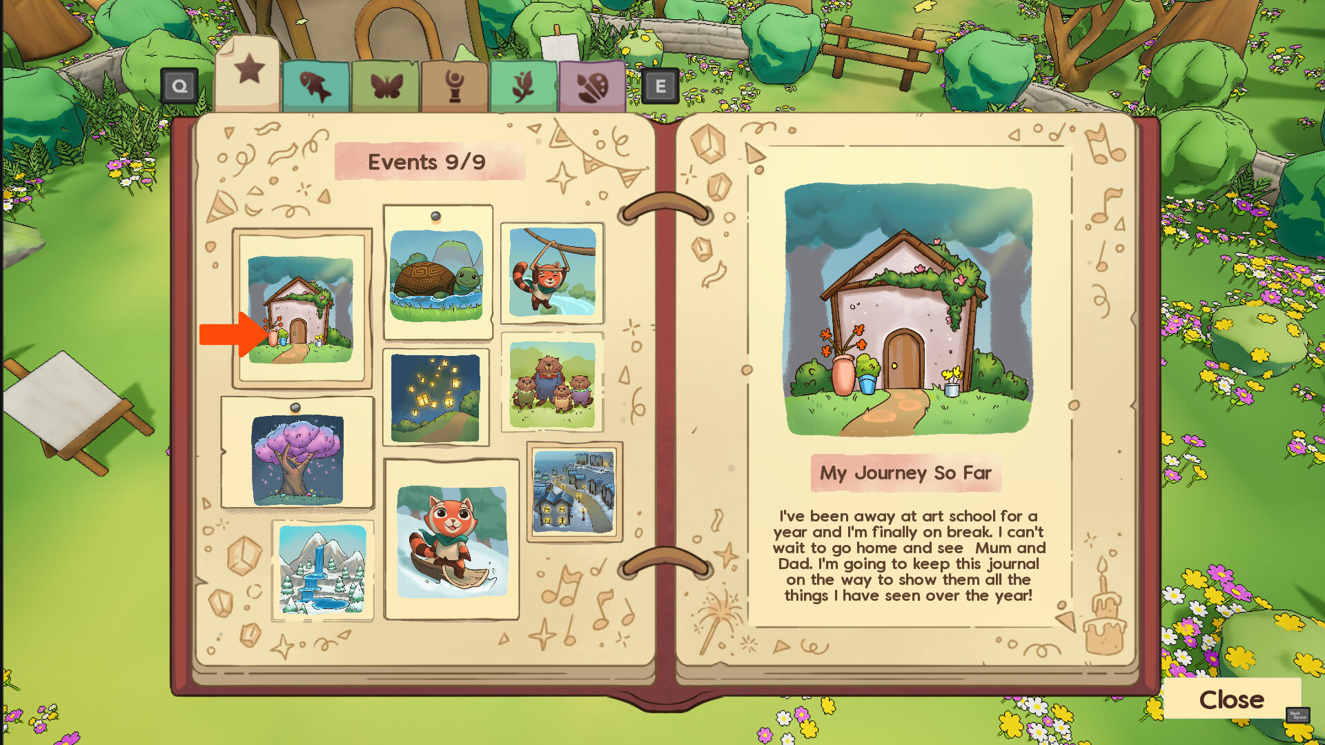 The image shows an open illustrated journal set against a colorful garden background with flowers, bushes, and garden furniture. The left page of the journal displays nine thumbnail images arranged in a grid, each depicting different scenes such as a turtle, a red panda swinging on a vine, a blossoming tree, a snowy mountain with a waterfall, and a village at night. One of the thumbnails, showing a small house with plants by the door, is highlighted with an orange arrow. The right page features an enlarged version of the same house illustration, titled 'My Journey So Far,' accompanied by a passage describing the author's return from art school and their plan to use the journal to share their experiences with family. A 'Close' button is visible at the bottom right corner of the screen.