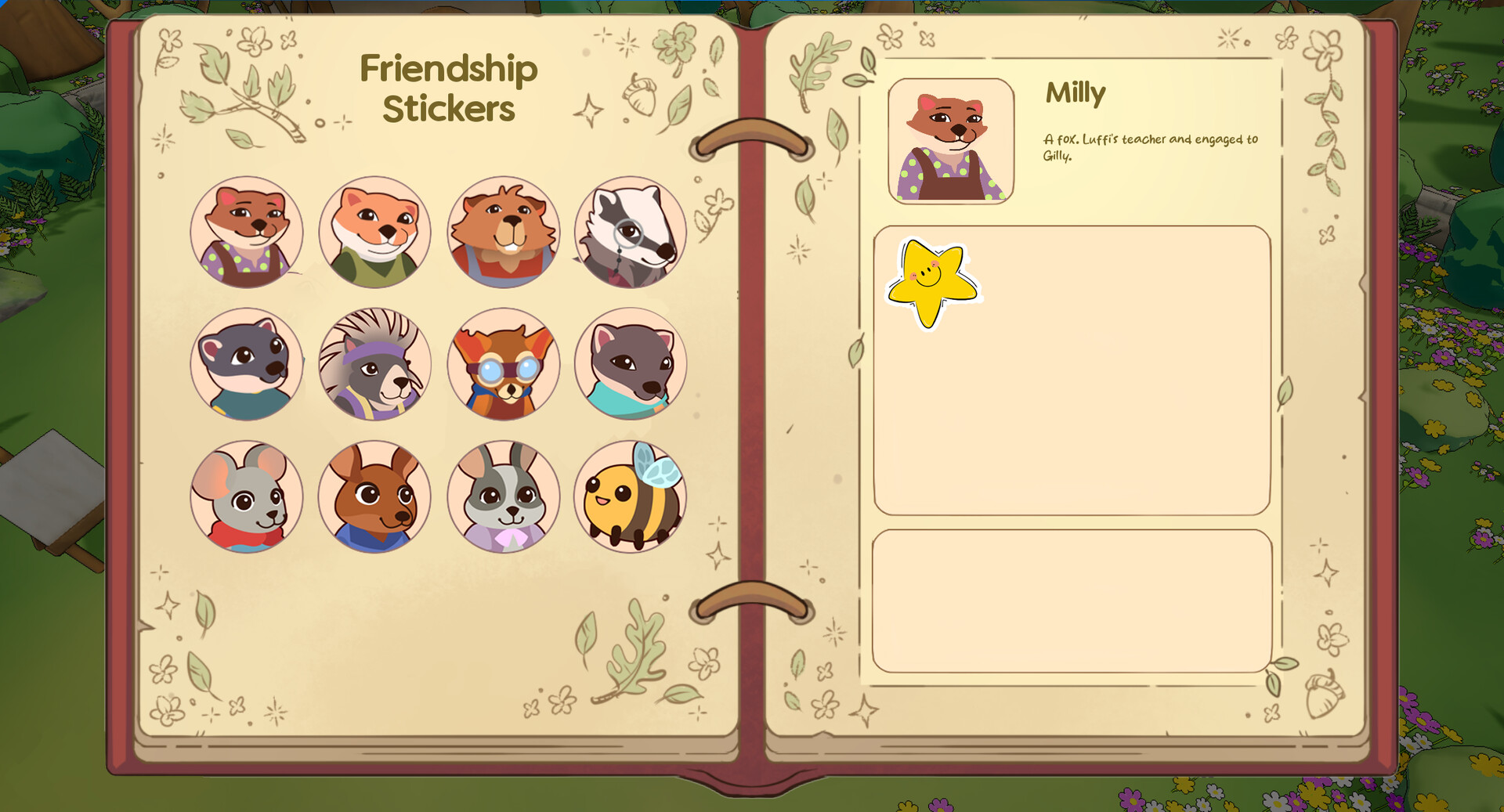 The image shows an open book with decorative borders featuring leaves, flowers, and acorns. On the left page, titled 'Friendship Stickers,' there are twelve circular stickers arranged in a grid, each depicting a different anthropomorphic animal character, including a fox, beaver, badger, mouse, dog, rabbit, bee, and others, all with varied clothing and expressions. The right page features a profile for a character named Milly, described as 'A fox, Luffi's teacher and engaged to Gilly,' alongside a sticker of a smiling yellow star. The background outside the book shows a grassy area with flowers.