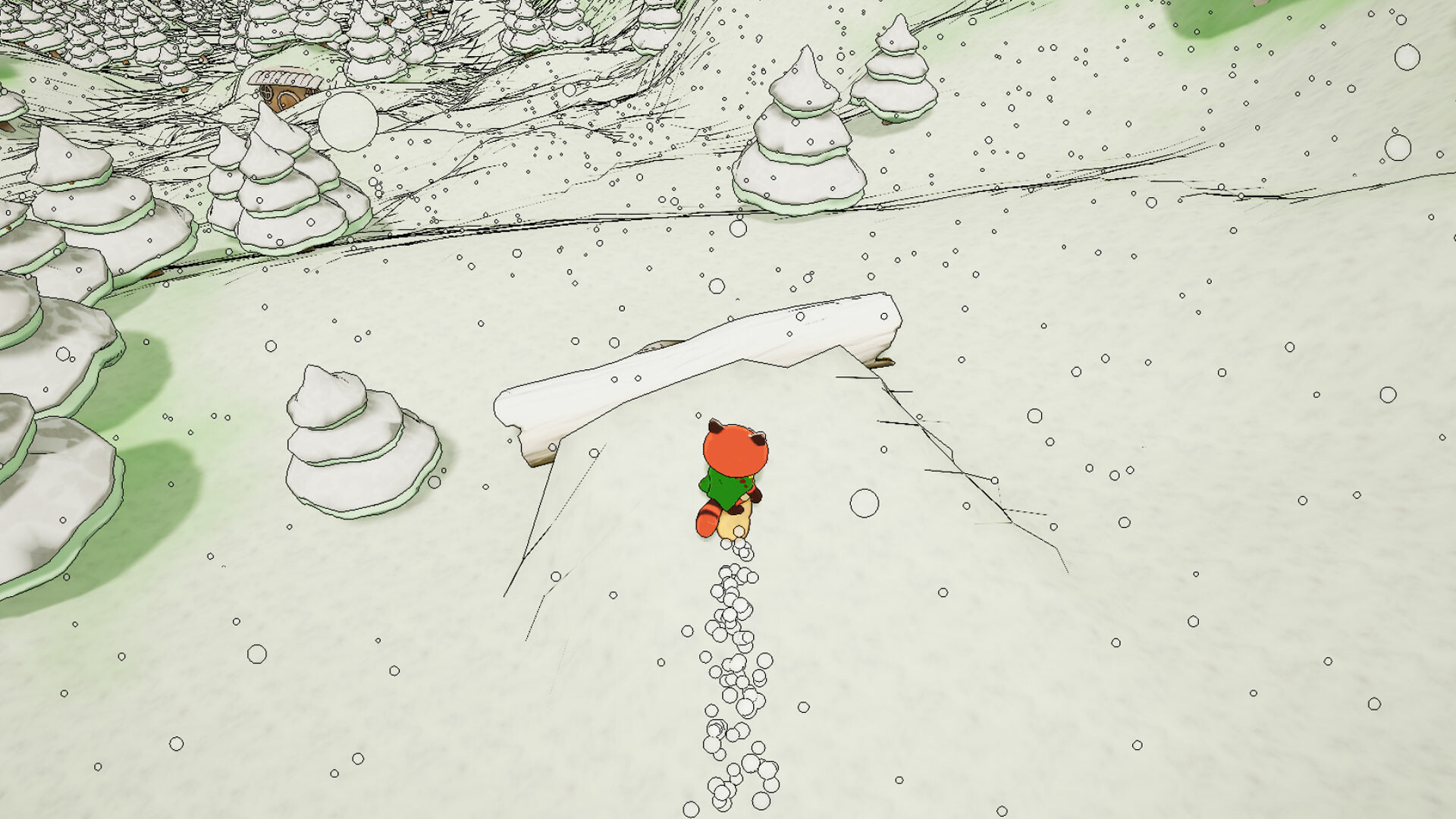 The image depicts a snowy landscape with numerous snow-covered, conical trees scattered across the scene. In the foreground, a small, red fox wearing a green scarf and brown boots is walking away from the viewer, leaving a trail of paw prints in the snow. In the background, a wooden log partially buried in snow lies across a path, and further back, a cozy-looking wooden house with a thatched roof is nestled among the trees. Snowflakes are gently falling throughout the scene, adding to the wintry atmosphere.