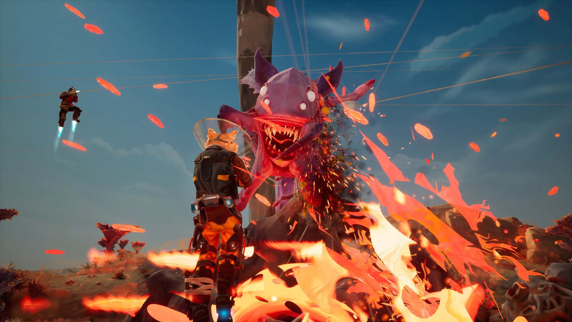 An armoured character fighting a glowing red creature.