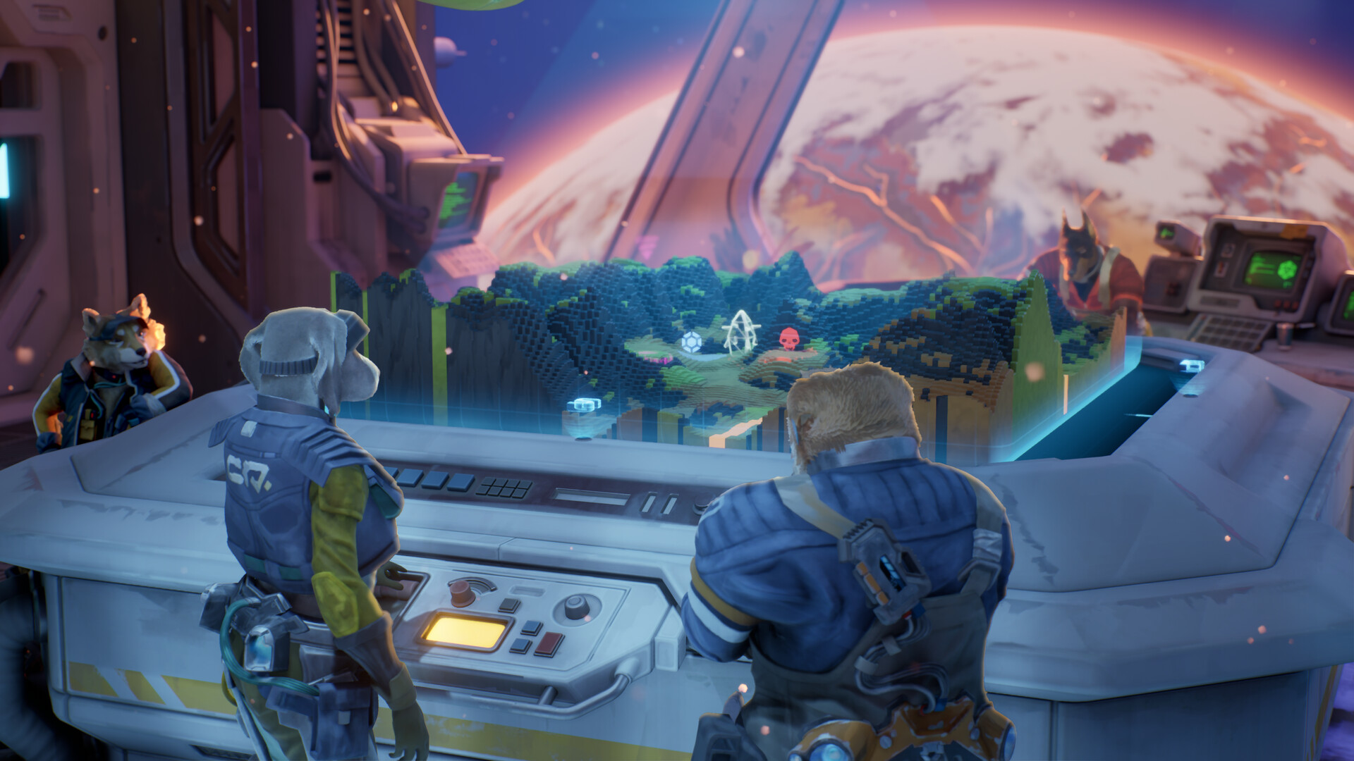 Armoured characters inside a spacecraft.