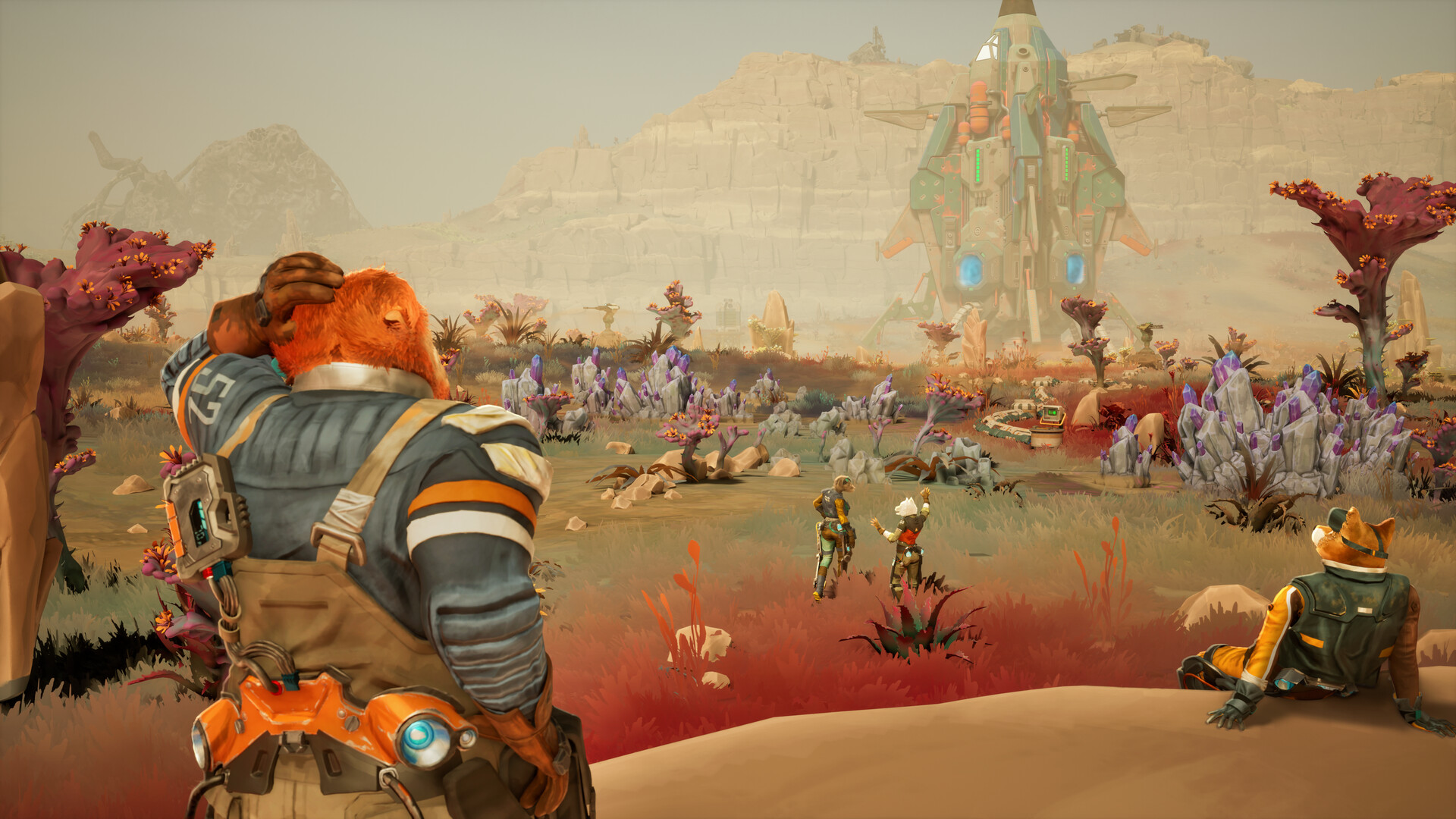 An armoured character looking across an alien landscape.