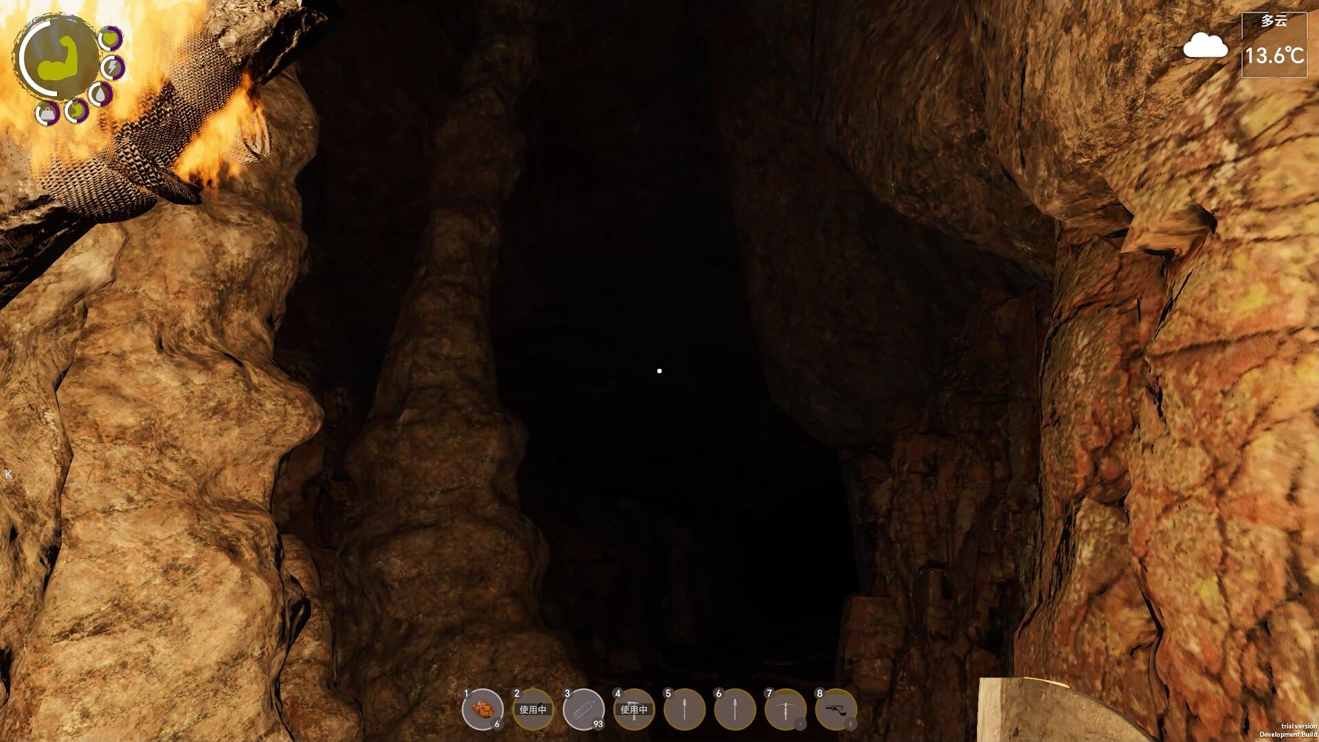 The image shows the interior of a dimly lit cave with rough, textured rock walls and stalagmites extending from the floor. A burning torch held on the left side illuminates part of the cave with a warm yellow-orange glow, highlighting the uneven and craggy surfaces of the stone. The deeper recesses of the cave remain shrouded in darkness, creating a strong contrast with the illuminated areas. There are various user interface elements on the screen indicating this is a scene from a video game, including a mini-map, temperature reading of 13.6°C, and an array of inventory items displayed at the bottom.