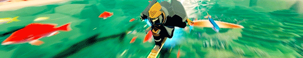 Sword of the Sea gameplay lướt qua đàn cá đỏ rực, hành động nhanh